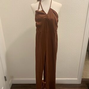 Aerie Brown Halter Jumpsuit with Wide-Leg Silhouette